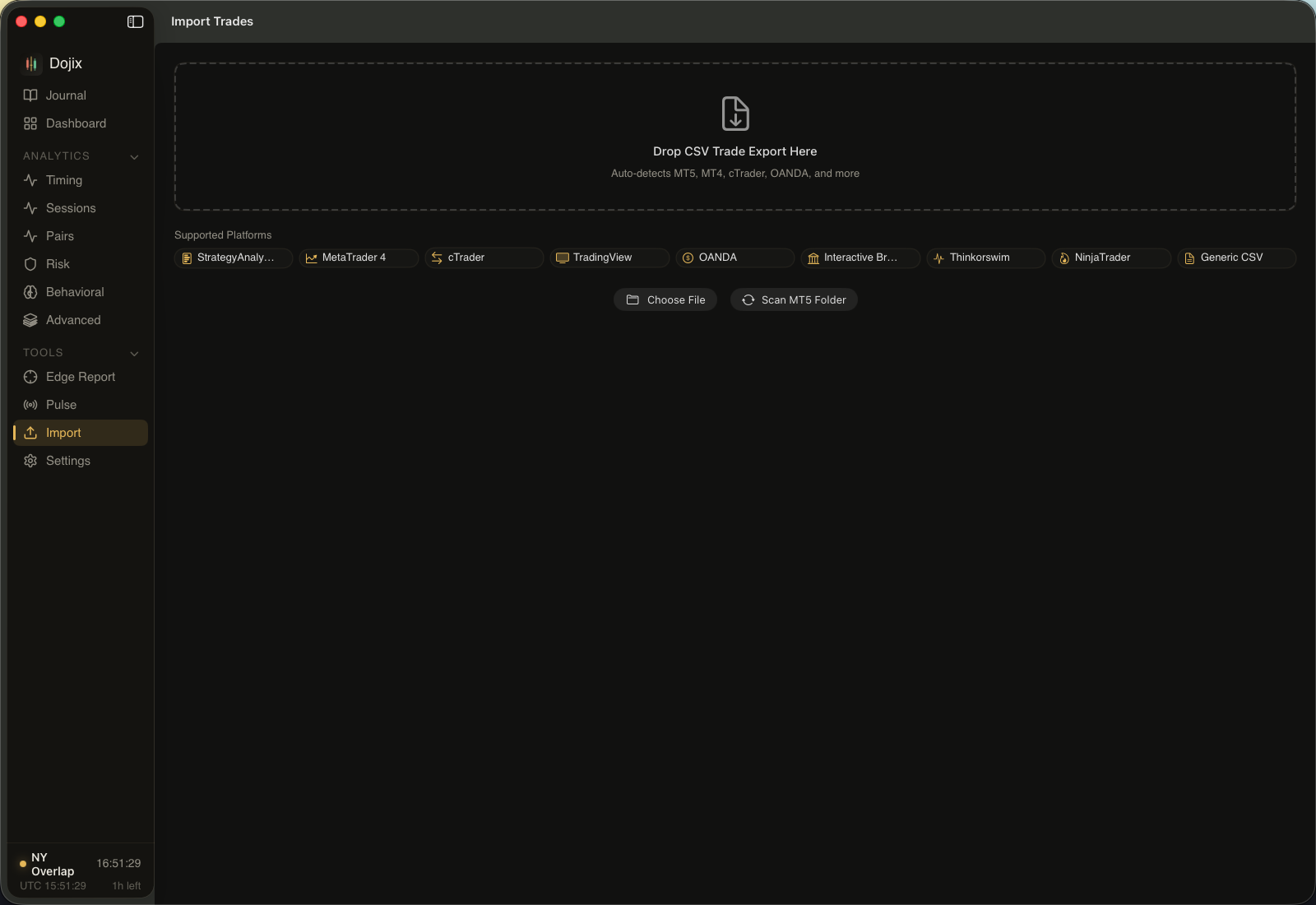 Import view showing 9-platform auto-detection with drag-and-drop and OANDA API